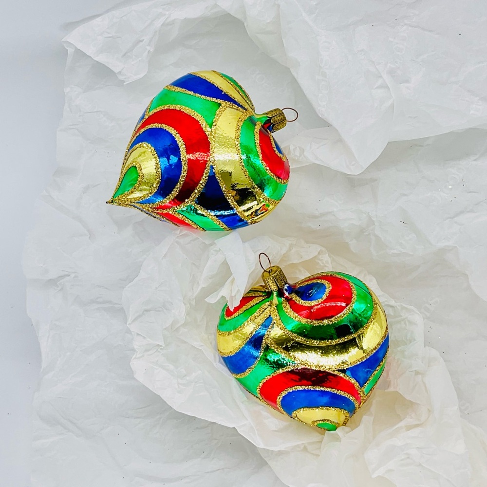 Set of (2) Vintage Glass Retro Circus Swirl Puffy Heart Xmas Ornaments